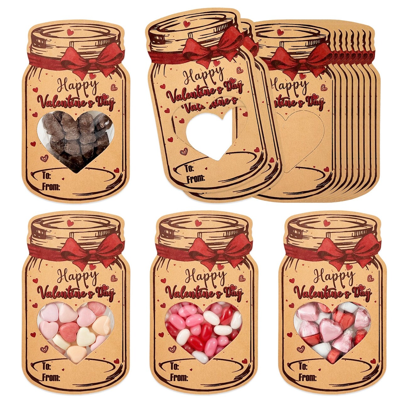 Wrapables 48pk Valentines Day Card Set, Mason Jar Happy Valentines Cards with Party Favor Bags for Classroom Exchanges (Candy Not Included)